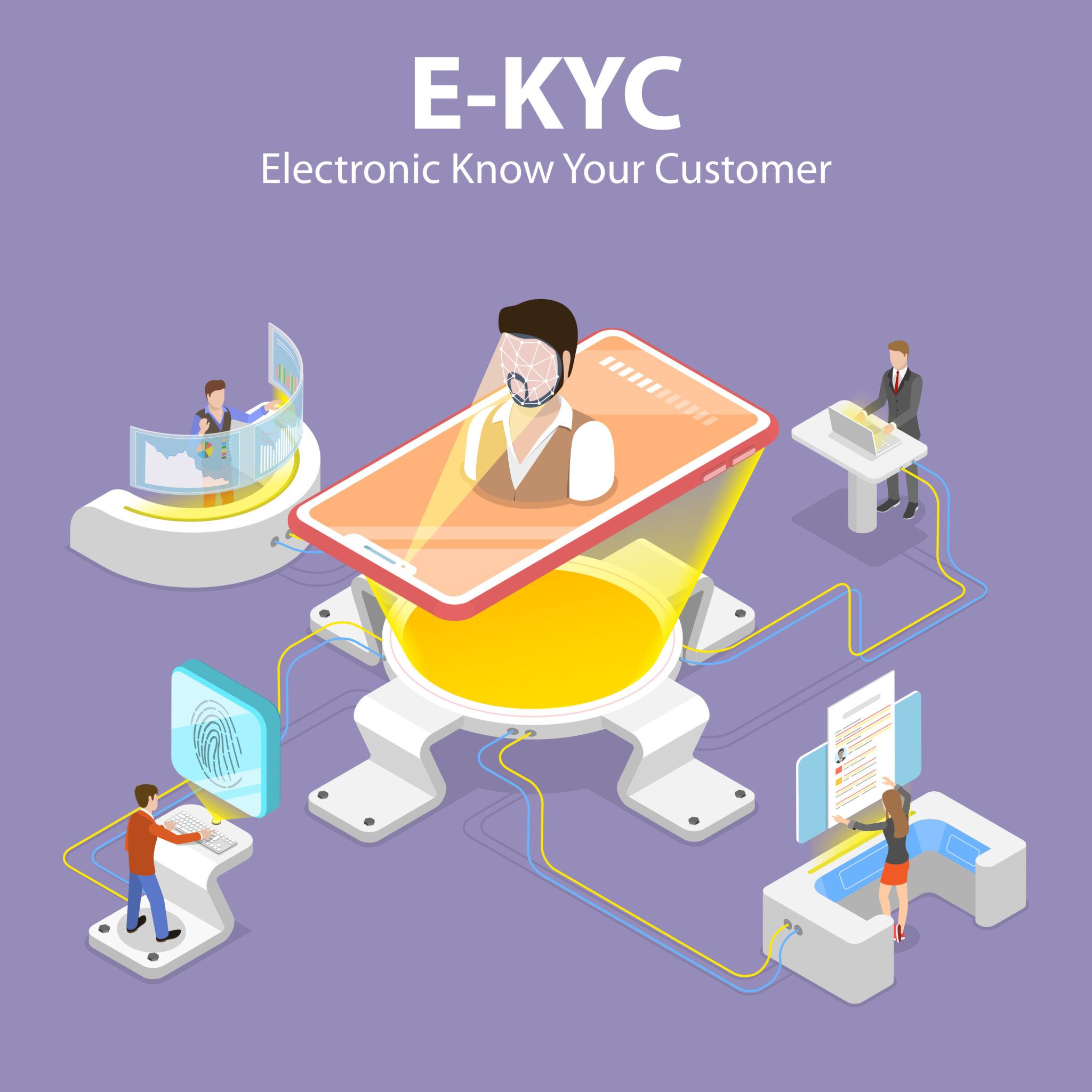 3D Isometric Flat Vector Concept of eKYC - Electronic Know Your Customer, Anti-Money Laundering Guidelines, Process of Minimizing Financial Risks in Business Relationship.